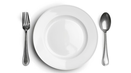 Poster - A simple white plate with a fork and a spoon. Suitable for kitchen or dining themes