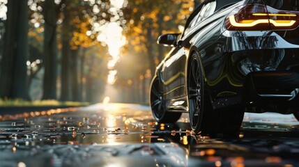 Wall Mural - A car parked on a wet road, suitable for transportation concepts