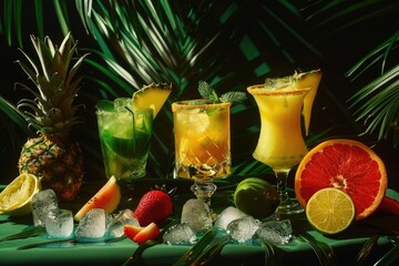 Poster - A variety of fruits and beverages arranged on a table. Perfect for food and drink concepts