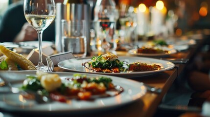 Sticker - Table set with food and wine glasses, perfect for restaurant menus or dinner party invitations