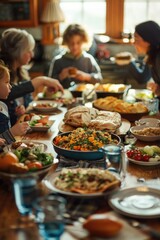 Poster - A group of people sitting around a table enjoying a meal. Suitable for various dining or social occasions