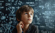 © piai - A thoughtful boy looking at math problems on a blackboard