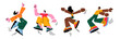 © Limpreom - Happy cartoon retro characters in 90s style jumping. Groovy set of people in flight smiling women and men. Hippie funky illustration