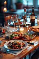 Poster - A wooden table with plates of food and glasses of wine. Suitable for restaurant menus or dinner party invitations
