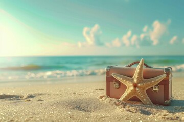 Suitcase and starfish on sandy beach, perfect for travel and vacation concepts