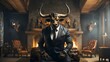 Minotaur dressed in a modern business suit in a fireplace hall chalet.