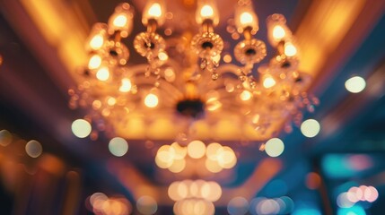 Poster - A chandelier with multiple lights shining in the background. Perfect for adding a touch of elegance to any design project
