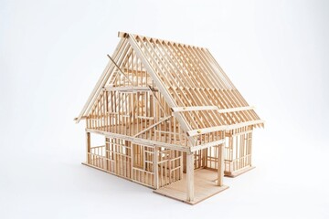Poster - A wooden model house displayed on a clean white surface. Ideal for real estate concepts