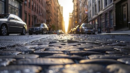Poster - A picturesque cobblestone street with cars parked on the side. Perfect for urban cityscape backgrounds
