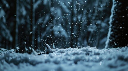 Poster - Close up of snow covered ground with trees in background. Suitable for winter themes