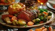 A plate of assorted meat and vegetables on a table. Suitable for food and cooking concepts