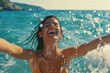 Woman in yellow bikini having fun splashing water, suitable for summer concepts