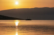 Romantic sunset seen from idyllic coastal town Baska, Krk Island, Primorje-Gorski Kotar, Croatia, Europe. Panoramic view of majestic coastline of Kvarner Bay, Mediterranean Adriatic Sea in summer