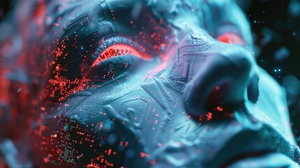 Poster - Close-up shot of a person's face with red and blue lights. Ideal for technology or futuristic concepts