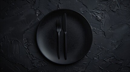 Poster - A simple black plate with a fork and knife. Perfect for food-related designs
