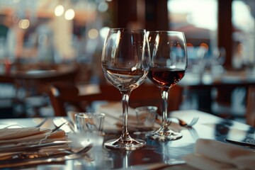 Poster - Image of two wine glasses on a table. Perfect for restaurant menus or wine-related content
