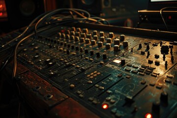 Poster - Detailed view of a sound board in a recording studio, suitable for music production projects
