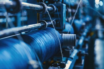 Poster - Close up of a spinning machine with blue yarn. Ideal for textile industry concepts