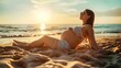 Portrait of a young pregnant woman sunbathing on the beach 