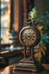 Poster - A clock sitting on top of a wooden table. Suitable for time management concepts