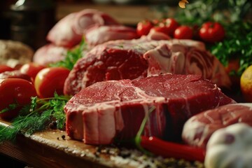 Poster - Fresh raw meat on a wooden cutting board. Ideal for food and cooking concepts