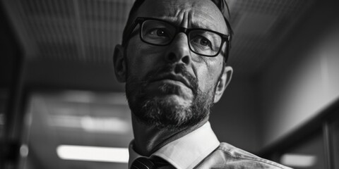 Poster - A man with glasses and a tie looking at the camera. Suitable for business and professional concepts