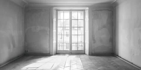 Sticker - A minimalist black and white photo of an empty room. Suitable for interior design concepts