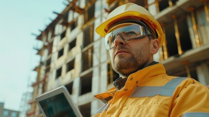 Aufkleber - A man in a hard hat using a tablet, suitable for construction industry concepts
