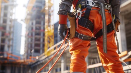 Wall Mural - A construction worker in orange pants and safety gear. Suitable for construction and safety-related projects