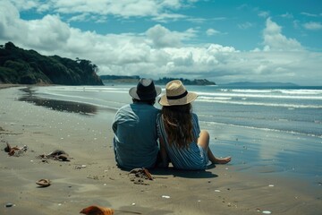 Wall Mural - A man and a woman sitting together on a sandy beach. Perfect for travel and vacation concepts