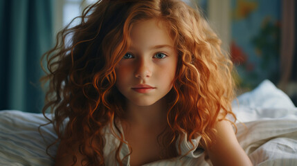 Close-up of a beautiful red-haired teenage girl just woke up in her bed in a cozy beautiful room. Daily routine of a teenager, beginning of the day