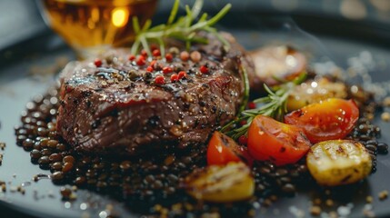 Aufkleber - A black plate topped with meat and vegetables. Suitable for food-related projects