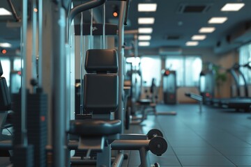 Poster - A row of exercise machines in a gym room. Perfect for fitness and health concepts