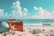 Suitcase and starfish on sandy beach. Perfect for travel and vacation concepts