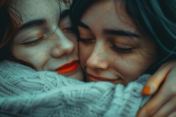 Poster - Two young women embracing in a hug, suitable for friendship or support concepts