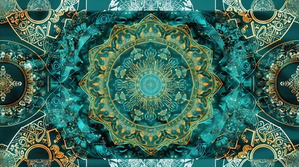 Wall Mural - Set of cards with the image of a circular mandala in turquoise color. 