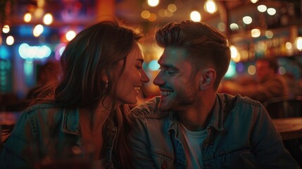 Poster - A man and a woman sitting at a table in a restaurant. Suitable for food and lifestyle concepts
