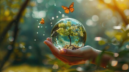 Aufkleber - Person holding a glass ball with a tree inside. Perfect for nature and environmental concepts