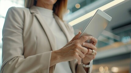 Poster - Woman holding a tablet computer, suitable for technology concepts