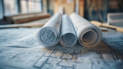 Poster - Two rolls of blueprints on a table, suitable for construction projects
