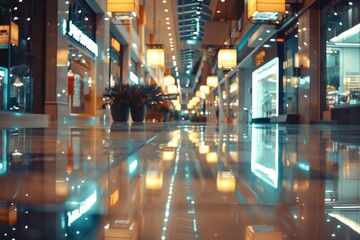 Poster - A wet floor in a shopping mall at night. Suitable for safety and cleaning concepts