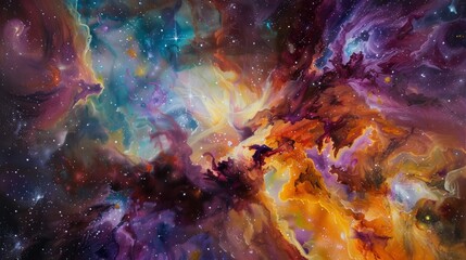 Wall Mural - Extra Large Oil Painting of a Vibrant Nebula in Space Generative AI
