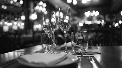 Poster - Three empty wine glasses on a table, suitable for restaurant or event concepts