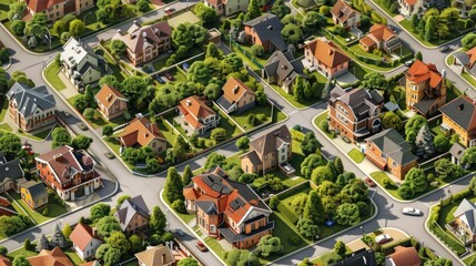 Poster - A bird's eye view of a suburban neighborhood. Suitable for real estate or urban planning concepts
