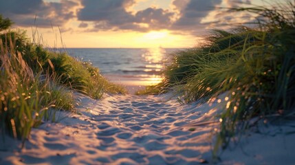 Poster - A scenic view of a path leading to the beach at sunset. Perfect for travel and nature concepts