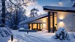 The front of modern exterior of luxury cottage covered in deep snow in winter evening