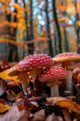 Poster - Group of mushrooms on top of fallen leaves, suitable for nature themes