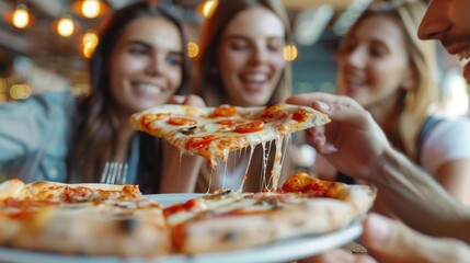 Poster - A group of people enjoying pizza at a restaurant. Perfect for food and social gathering concepts