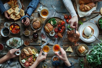 Poster - A group of people sitting at a table with plates of food. Ideal for illustrating social gatherings or restaurant scenes