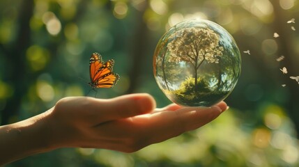 Poster - Person holding glass ball with butterfly, suitable for various concepts and designs